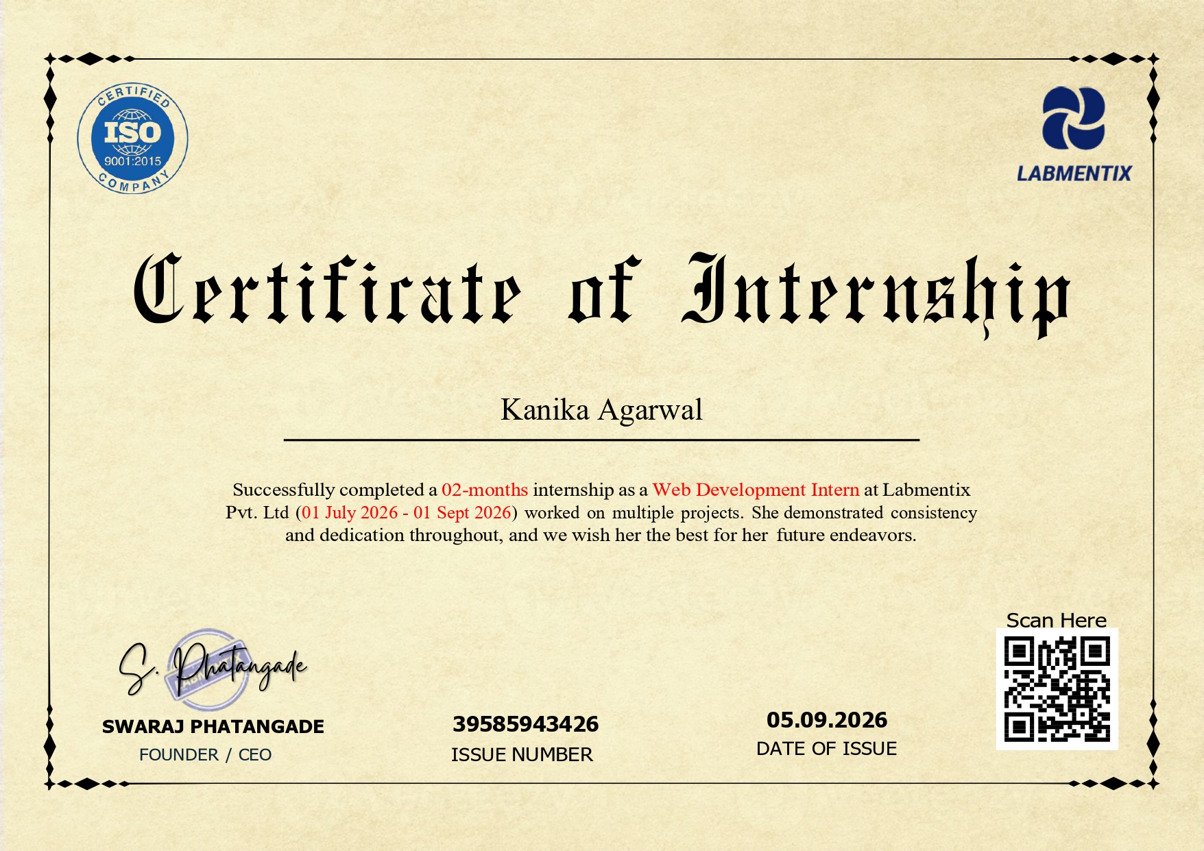 Labmentix Internship Certificate